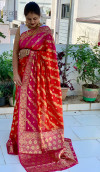 Maroon and rani pink color soft bandhej silk saree with zari weaving work