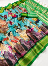 Sky blue and green color soft cotton silk saree with digital printed work