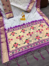 White color linen silk saree with zari weaving work