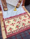 White color linen silk saree with zari weaving work