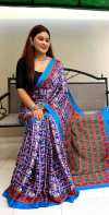 Royal blue color muslin silk saree with patola printed work