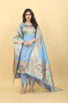 Sky blue color paithani silk unstitched dress