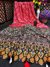 Gajari color soft muslin silk saree with ajrakh printed work