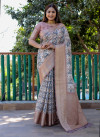 Off white and coffe color linen silk saree with digital printed work