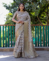 Beige color linen silk saree with digital printed work