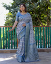 Off white and blue color linen silk saree with digital printed work