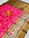 Rani pink yellow color soft organza silk saree with printed work