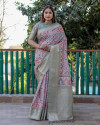 Mahendi green colo linen silk saree with digital printed work