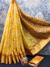 Yellow color soft cotton silk saree with bandhani printed work