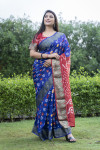 Navy blue color bandhani silk saree with hand bandhej printed work