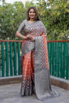 Orange color linen silk saree with zari weaving work