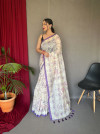 Off white and purple color soft cotton saree with digital printed work
