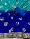 Green and royal blue color georgette saree with foil printed work