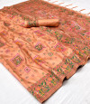 Peach color banarasi silk saree with woven design