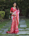 Red color dola silk saree with shibori printed work