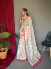 Off white and gajari color soft cotton saree with digital printed work