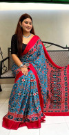 Firoji color muslin silk saree with patola printed work