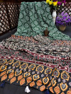 Bottle graan color soft muslin silk saree with ajrak printed work