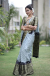 Gray color hand bandhej silk saree with zari weaving work