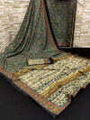 Rama green color muslin silk saree with kalamkari printed design