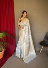 Sky blue color linen silk saree with zari weaving work