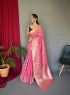 Pink color linen silk saree with zari weaving work