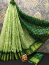 Pista green color soft cotton silk saree with bandhani printed work