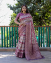 Off white and magenta color linen silk saree with digital printed work