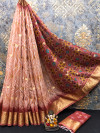 Peach color soft cotton silk saree with bandhani printed work