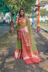 Pista green color tissue silk saree with zari weaving work