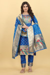 Royal blue color paithani silk unstitched dress