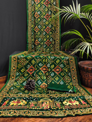 Bottle green color hand bandhej gaji silk saree with zari weaving work