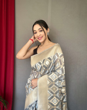 Gray color linen silk saree with zari weaving work