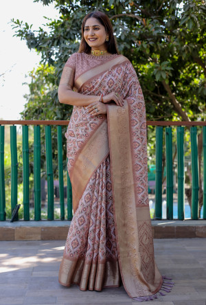 Brown color linen silk saree with digital printed work