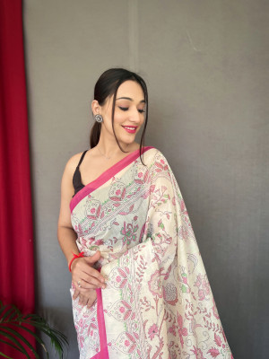 Off white and pink color soft cotton saree with digital printed work