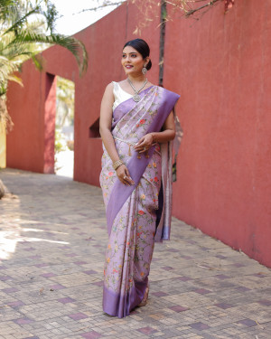 Purple color soft fancy silk saree with digital printed work
