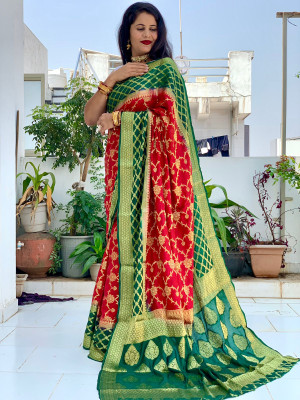 Red and green color soft bandhej silk saree with zari weaving work