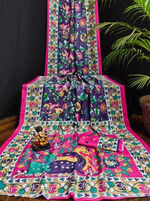 Purple color muslin silk saree with kalamkari printed work