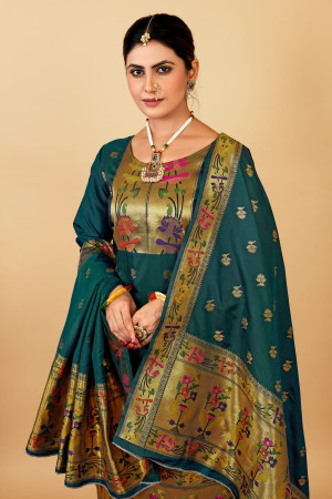Dark green color paithani silk unstitched dress