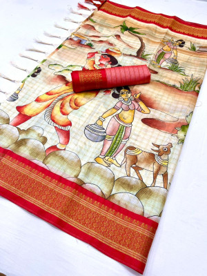 Off white and red color soft cotton silk saree with digital printed work
