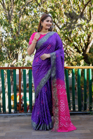 Violet color bandhej silk saree with printed  work