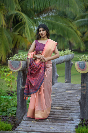 Peach color chanderi silk saree with zari woven work