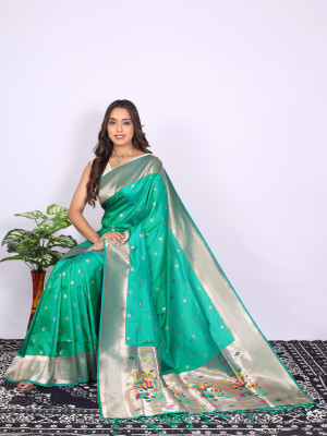 Rama green color paithani silk saree with zari  weaving work