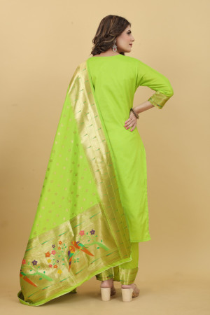 Apple green color paithani silk unstitched dress