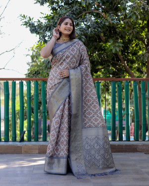 Gray color linen silk saree with digital printed work