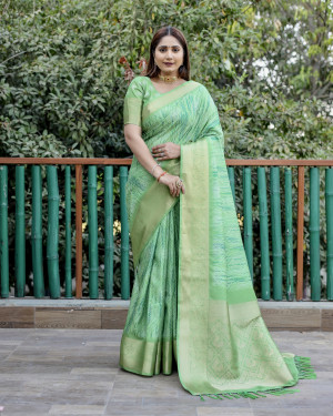 Parrot green color soft cotton silk saree with zari weaving work