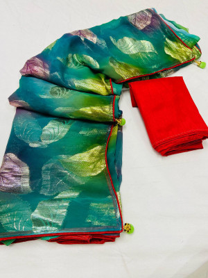 Rama green color soft georgette saree with zari weaving work