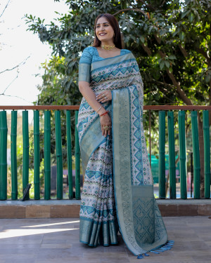Off white and green color linen silk saree with digital printed work