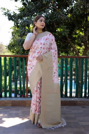 Pink color soft banarasi silk saree with digital printed work