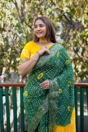 Green and yellow color bandhej silk saree with printed  work